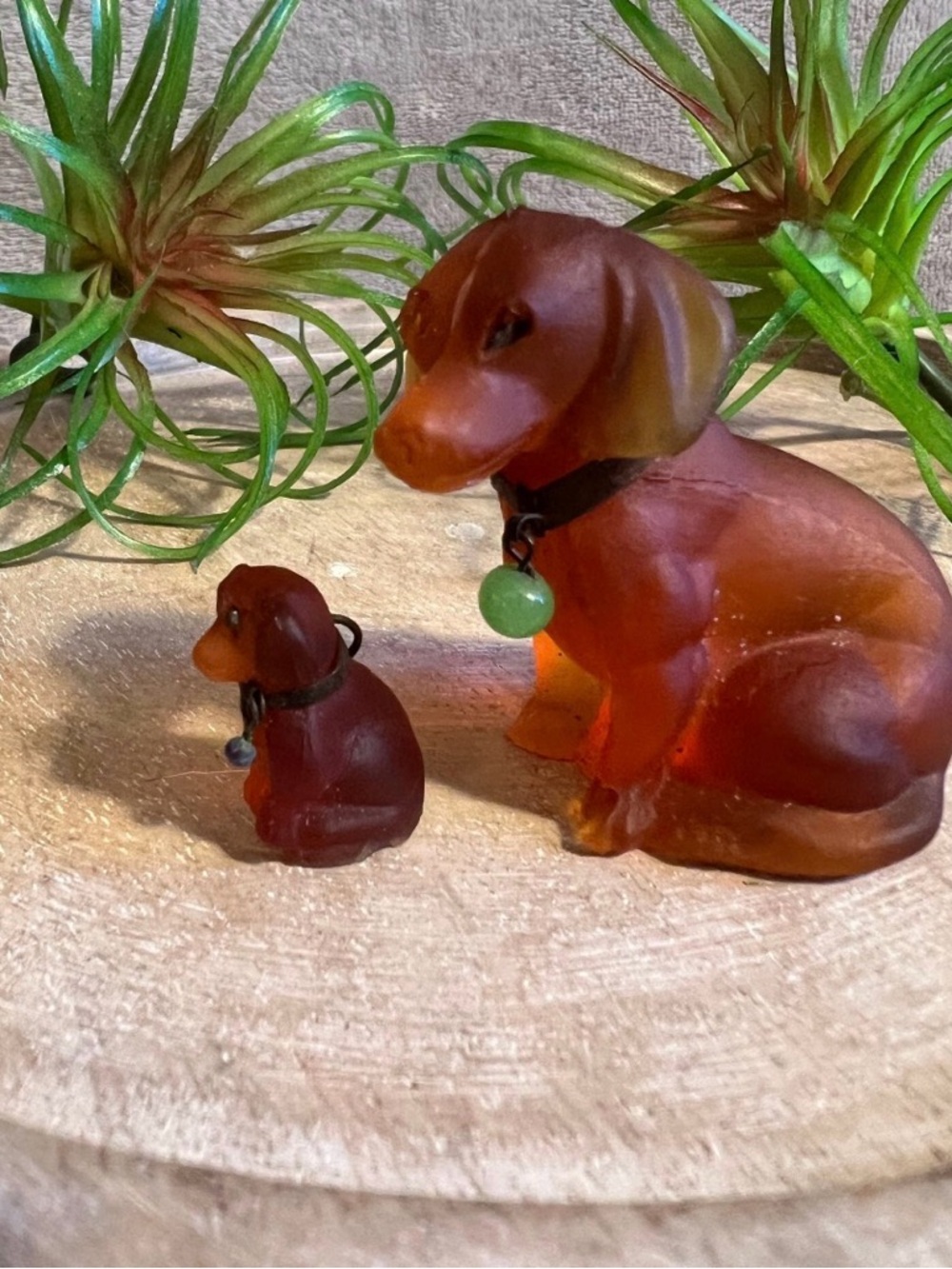 Antique Pair Of Czech Carved Amber Glass Daschund cracker charms